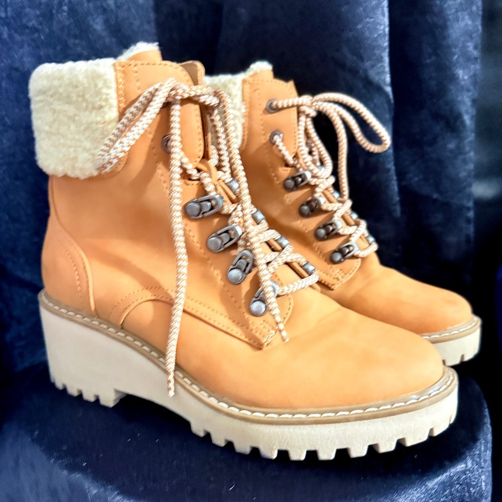 Dolce Vita Tan Lace-Up Boots with Cream Accents